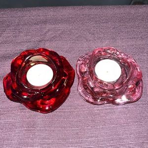 Rare Vintage Red and Pink Art Glass Rose Shaped Votive Tea Light Holders